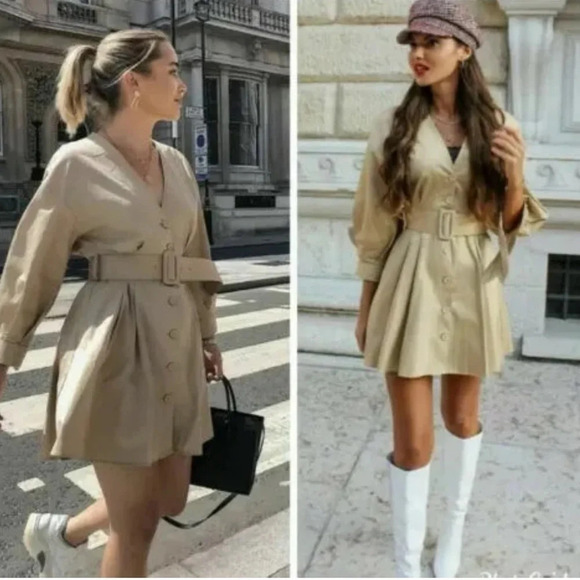 NWOT ZARA BELTED CAMEL DRESS - Picture 3 of 11